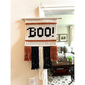 Handmade - Unique macrame hanging "BOO!" halloween Cream, Black, Rust